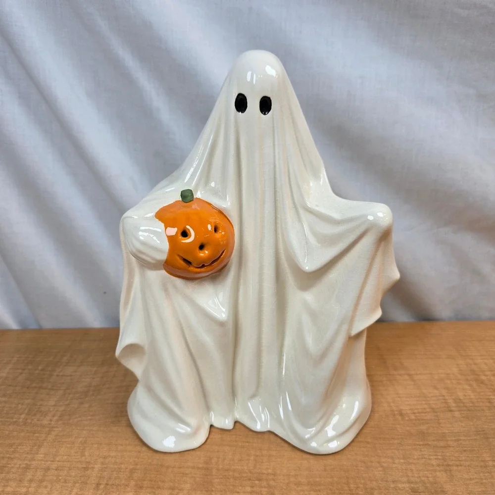 Ceramic Byron Mold Ghost Pumpkin Jack-o'-lantern Handpainted 9